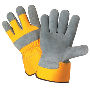 Cordova 7380 Premium Gray Split Shoulder Cowhide Leather Palm Yellow Canvas Backed Gloves: 2 1/2" Rubberized Safety Cuffs
